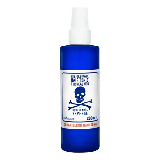 The Bluebeards Revenge Cuban Blend Hair Tonic 200ml in a blue spray bottle with bold branding, featuring the skull and crossbones logo and 'The Ultimate Hair Tonic for Real Men' label.